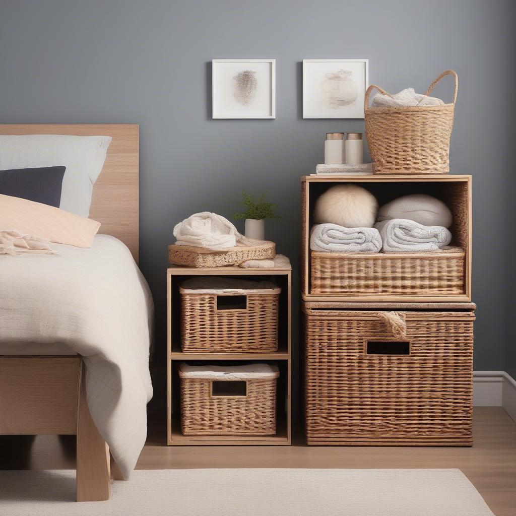 Wicker basket cube storage used for organizing clothes in a bedroom