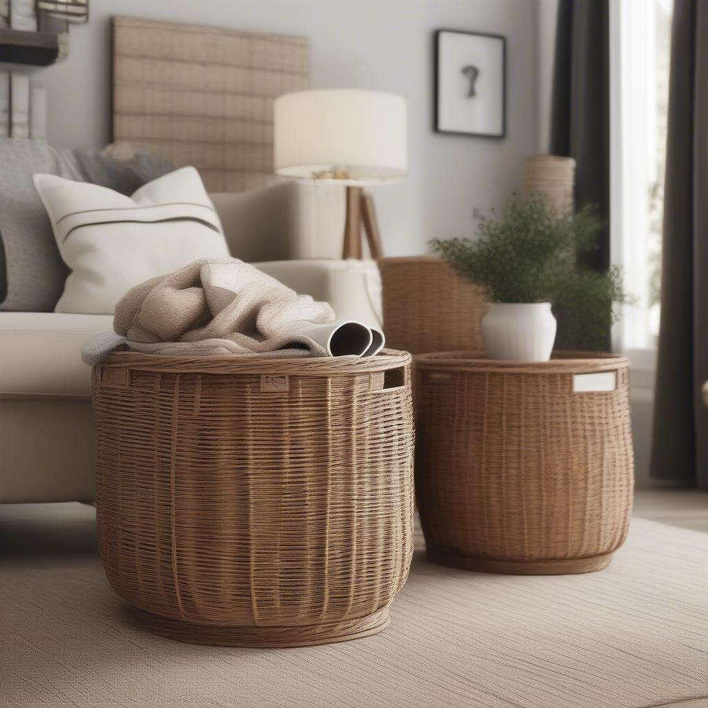 Wicker basket cube storage in a living room setting