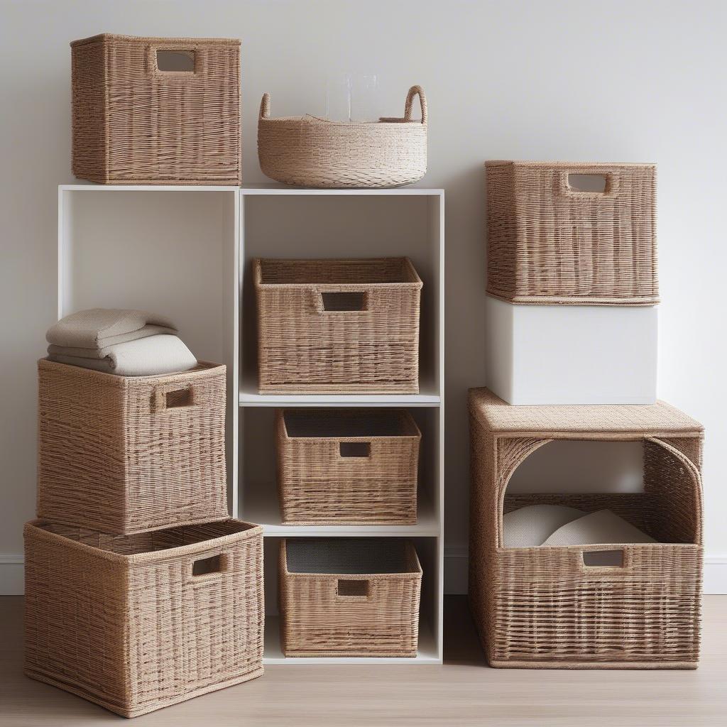 Different styles of wicker basket cube storage units