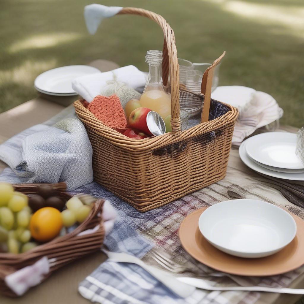 Wicker basket with cutlery holder at an outdoor party setting, complete with plates, napkins, and glasses.