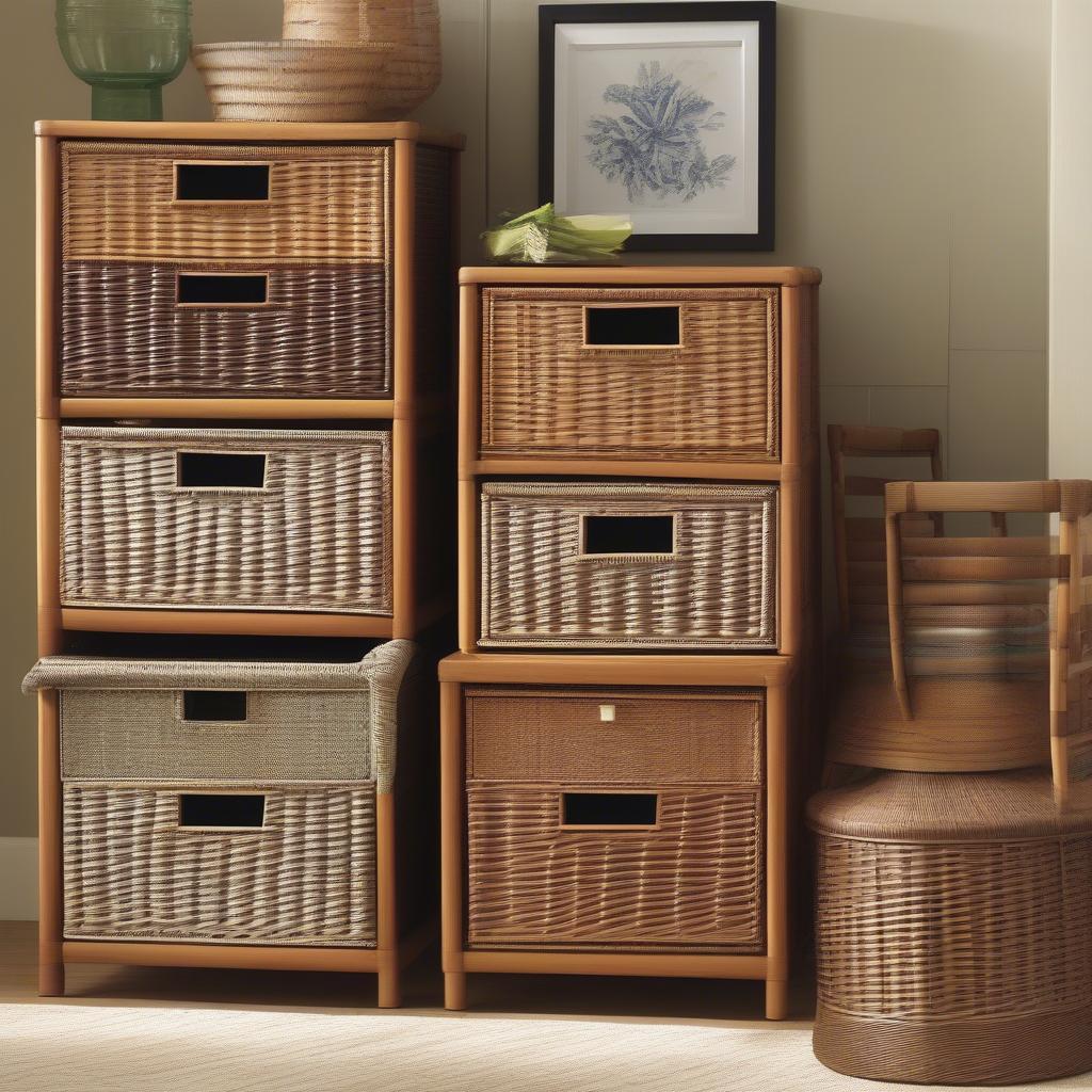 Different styles of wicker basket filing cabinets