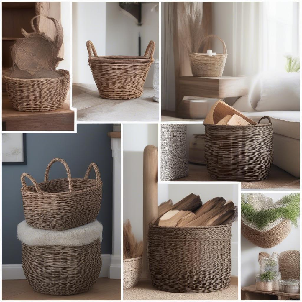 Styling ideas for wicker firewood baskets, demonstrating how to incorporate them into different interior design schemes.