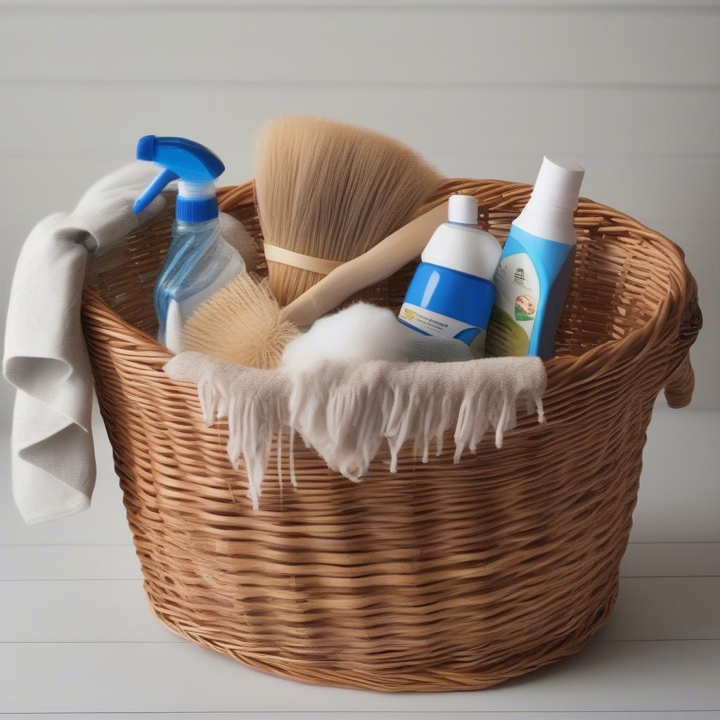 Cleaning and maintaining a wicker storage basket with a hinged lid.