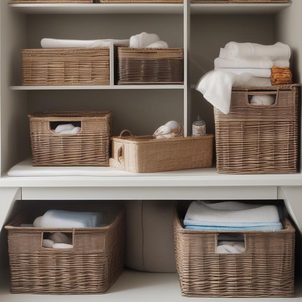 Wicker storage baskets with hinged lids used in different rooms for stylish organization.