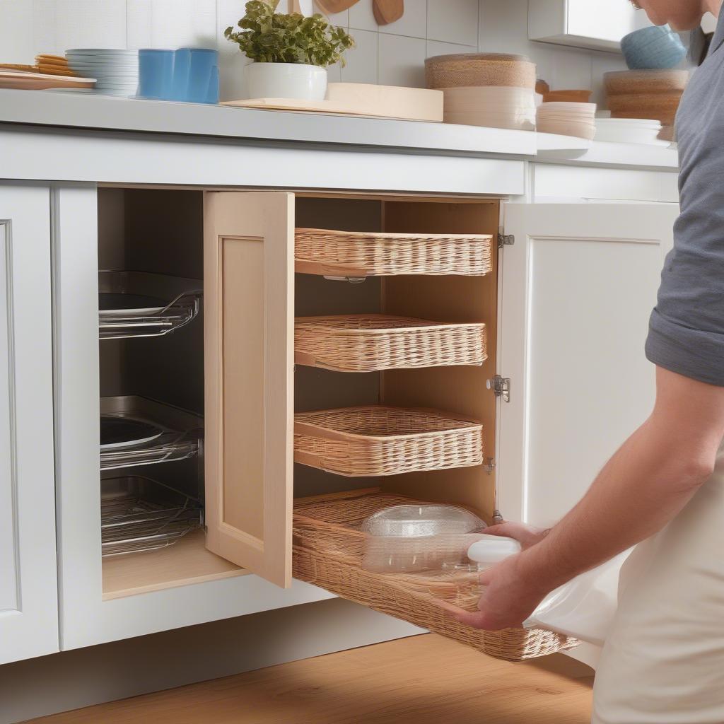 Installing a wicker pull out basket in a kitchen cabinet, demonstrating the mounting process.