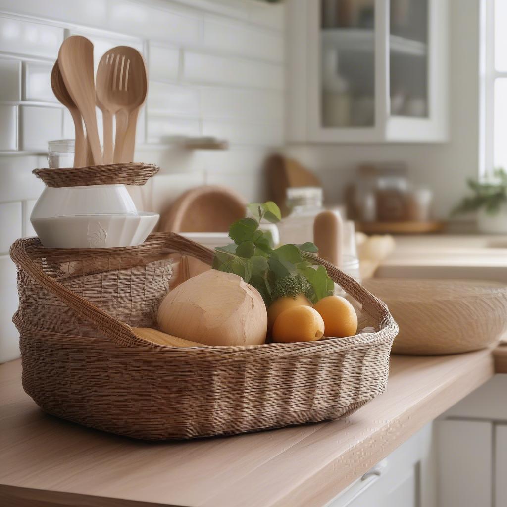 A tiered wicker basket sitting on a kitchen counter with various kitchen items.