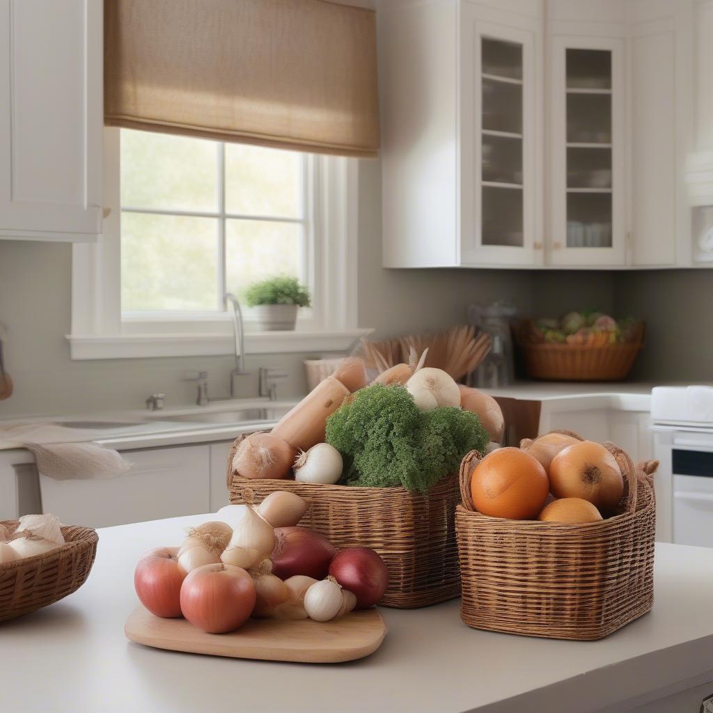 Wicker baskets used for organizing fruits and vegetables in a kitchen setting.