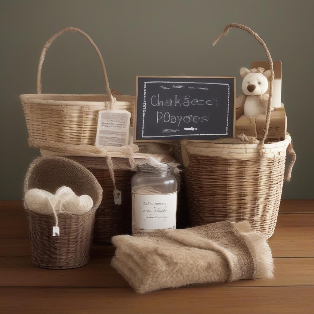 Creative labeling ideas for wicker storage baskets, including handwritten tags, printed labels, and chalkboard labels.