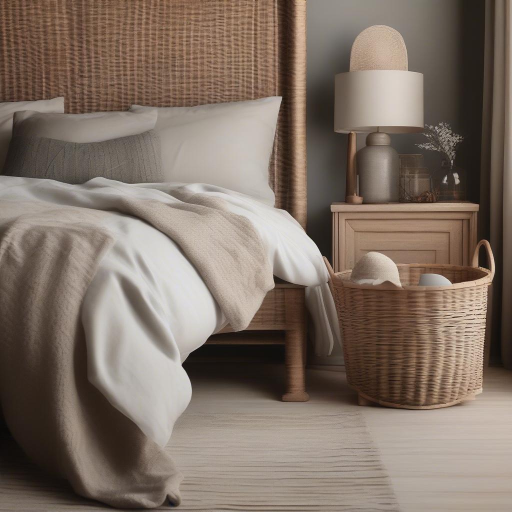 A wicker basket with a lid used for storage in a bedroom, keeping the space tidy and organized.