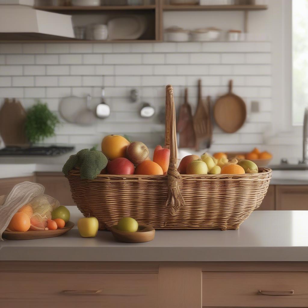 A wicker basket with lid used for storage in a kitchen, providing a stylish and practical solution for organizing pantry items.