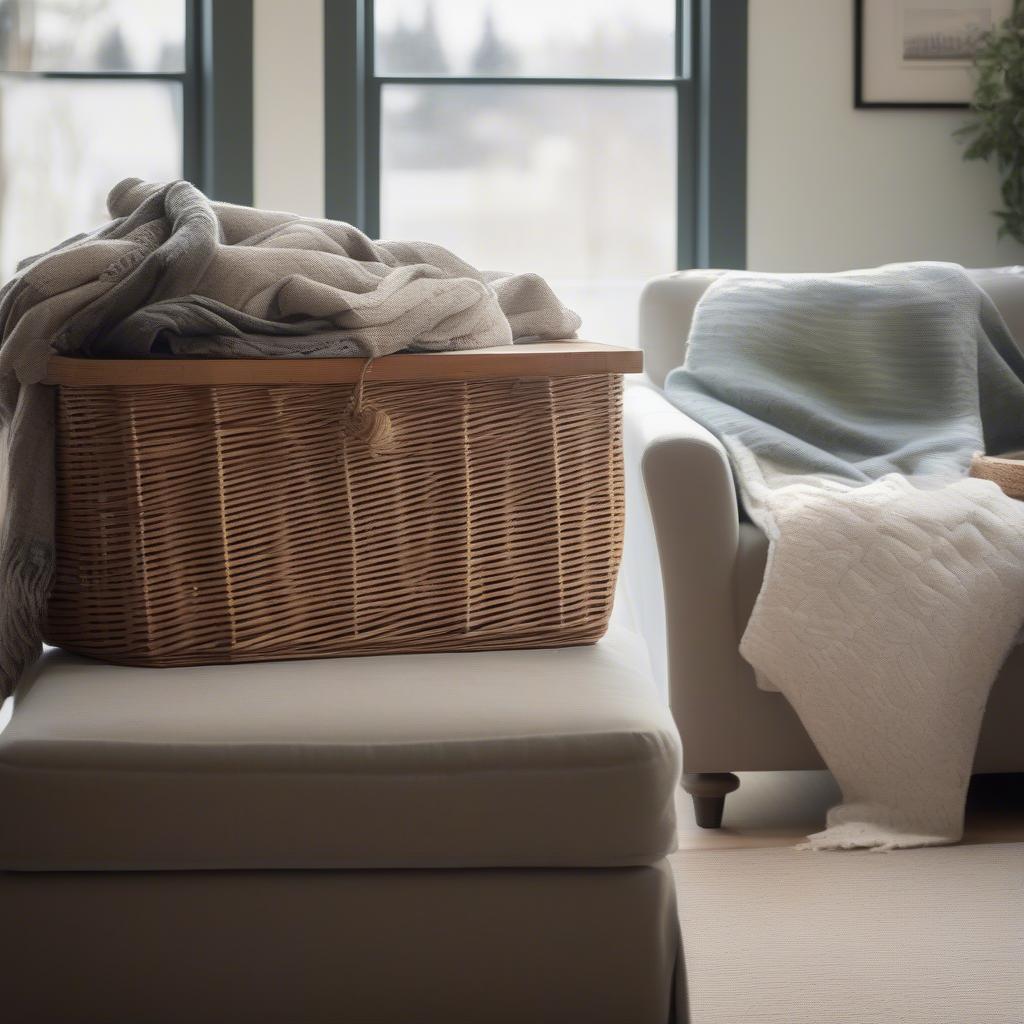 Wicker basket with lid storage in a living room setting, showcasing its stylish and functional design.