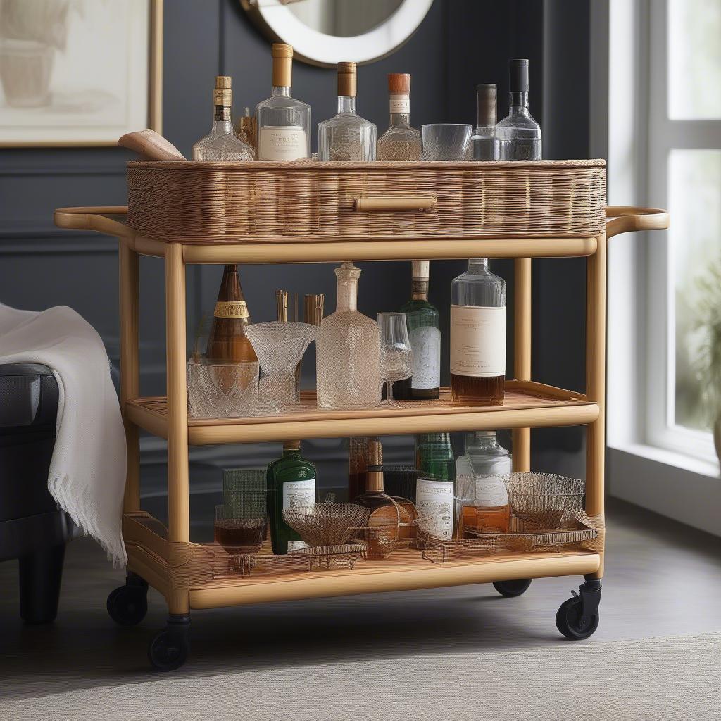 Wicker Basket on a Bar Cart for Liquor Storage