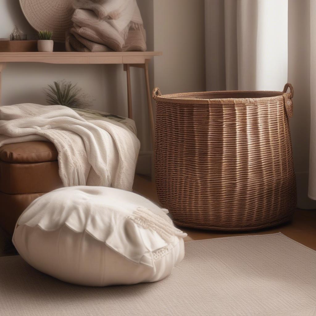 Wicker Floor Storage Basket in a Living Room Setting