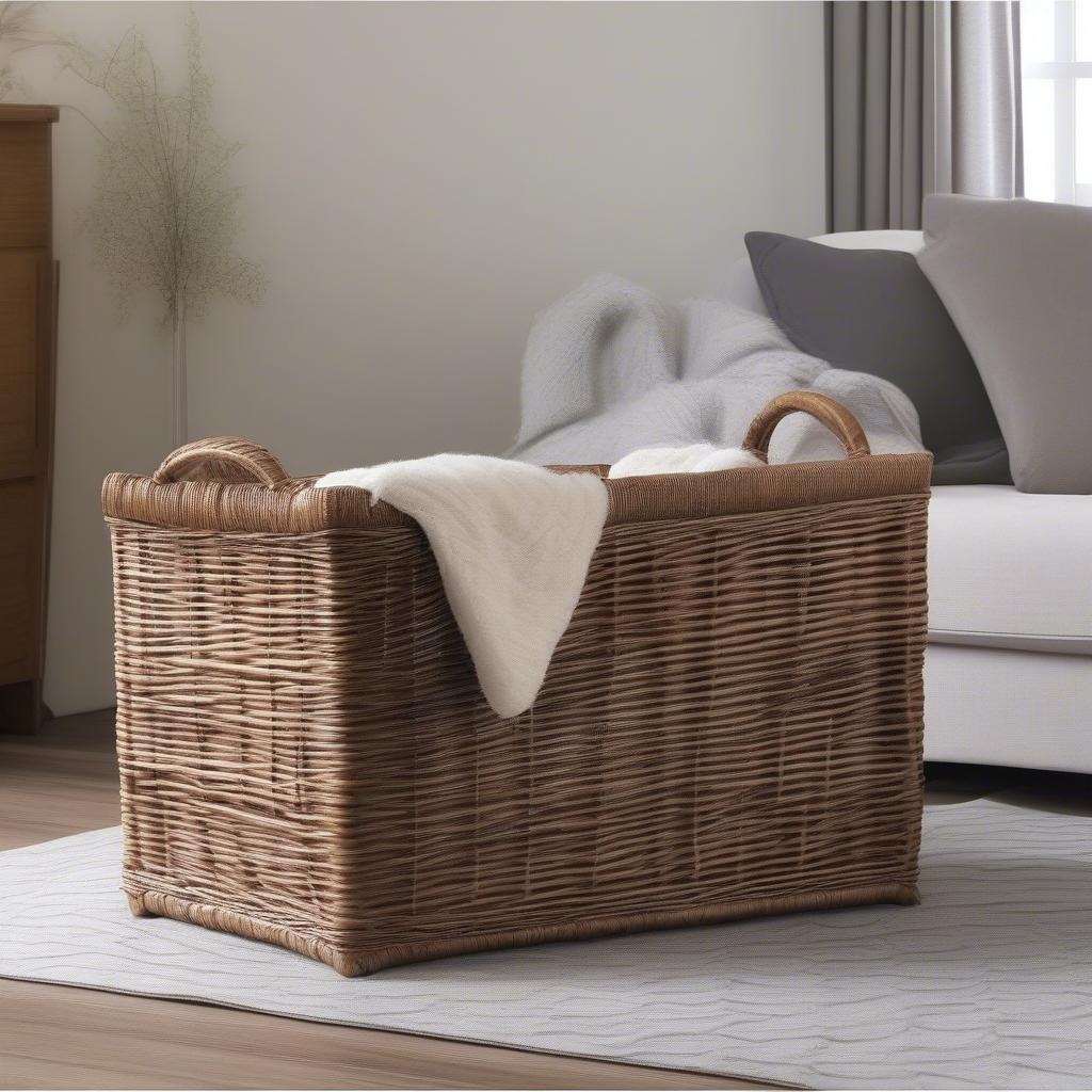 Wicker blanket storage basket in a living room setting