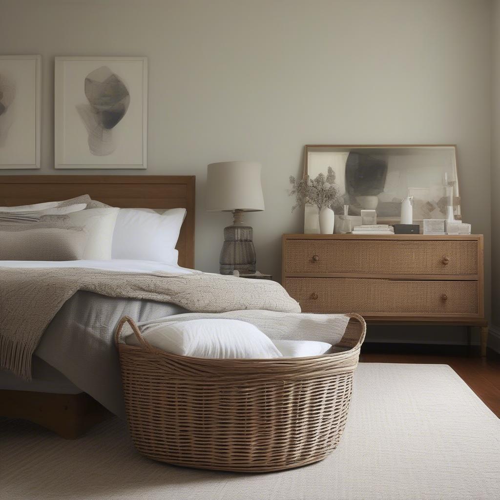 Wicker basket with metal lid for bedroom organization