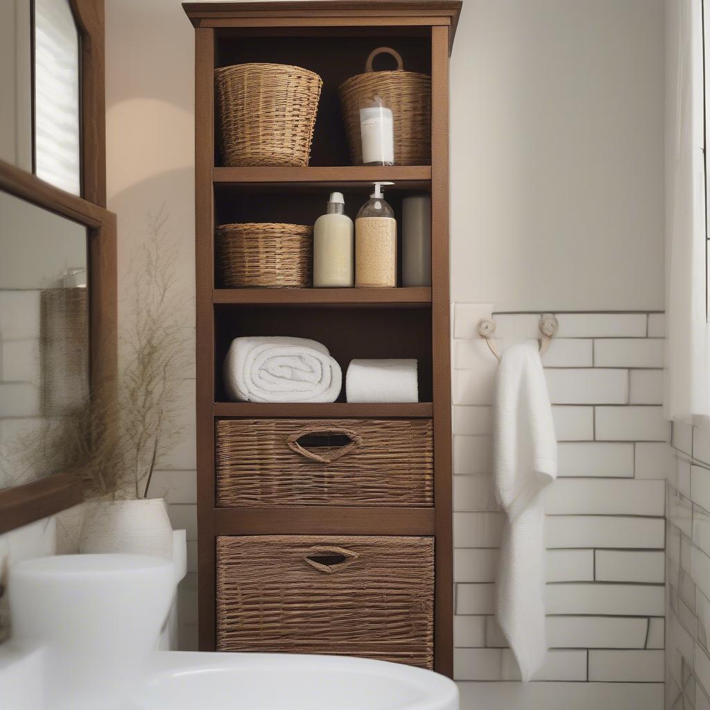 Wicker basket mirror medicine cabinet adds rustic charm to a modern bathroom.