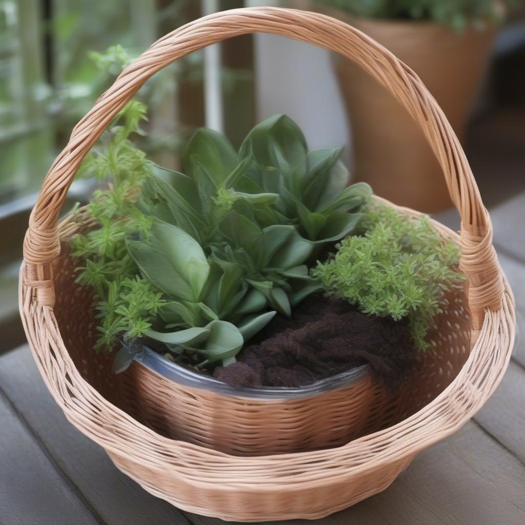 Wicker basket used as a planter in a nursery