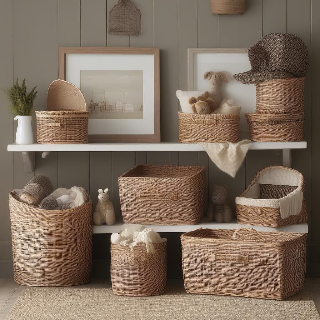 Various wicker baskets in a nursery setting