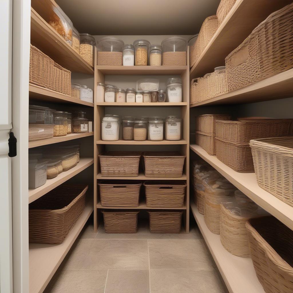 Organized Pantry with Wicker Baskets