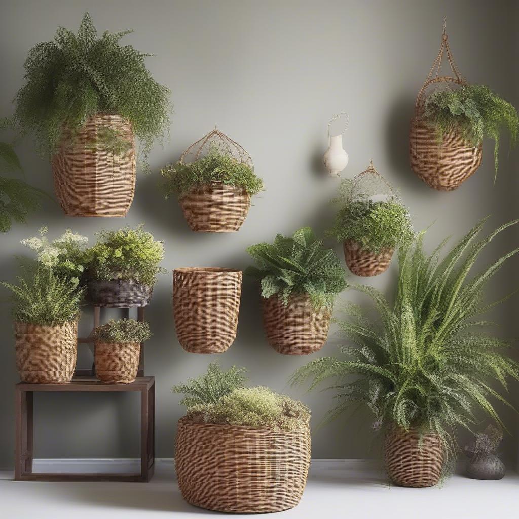 Variety of wicker basket plant holders for different plants and decor styles