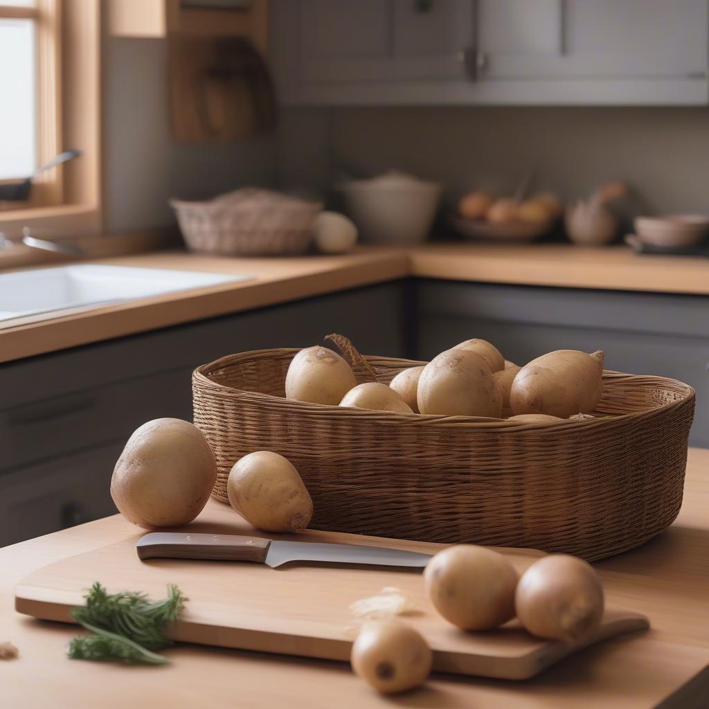 Wicker Basket with Potatoes and Onions on a Kitchen Island