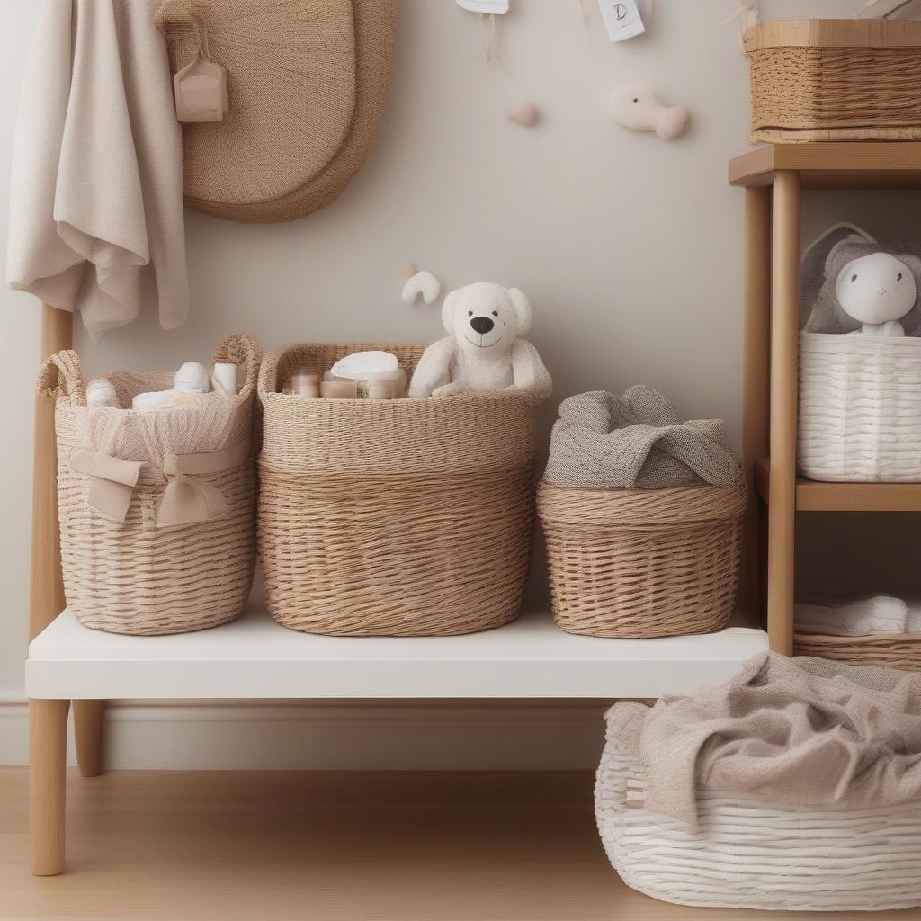 Set of wicker baskets in a nursery, organizing baby clothes and essentials.