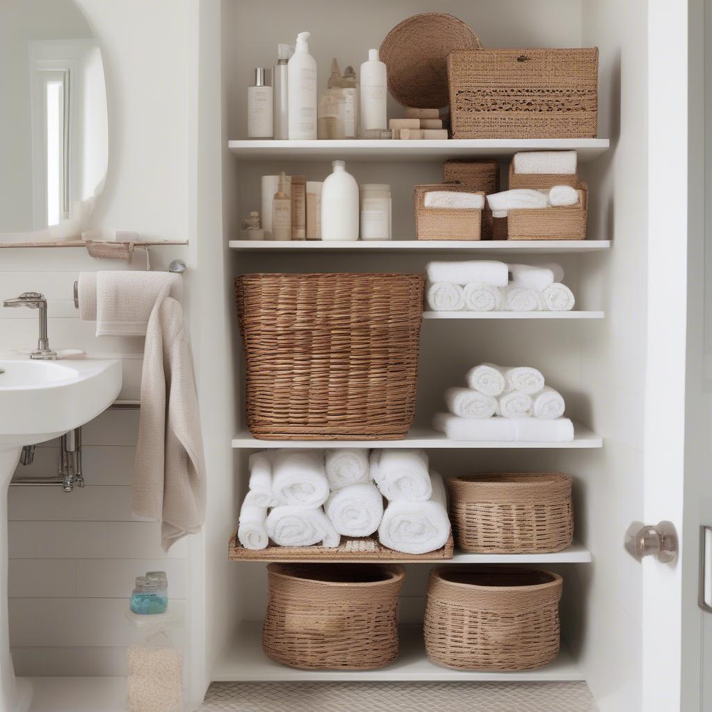 Wicker basket shelves in a bathroom, providing stylish storage for towels and toiletries.