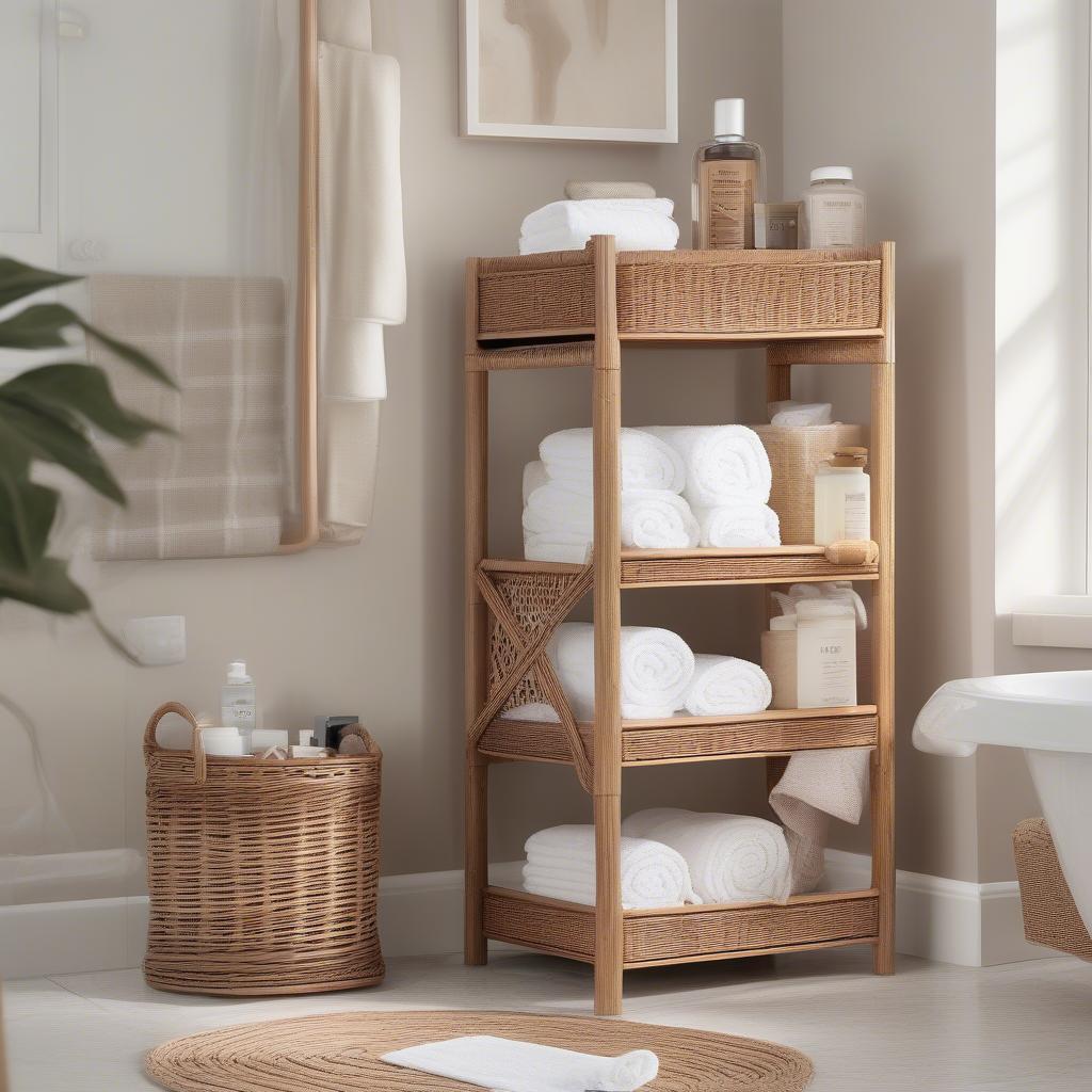 Wicker basket shelves neatly organizing towels and toiletries in a bathroom.