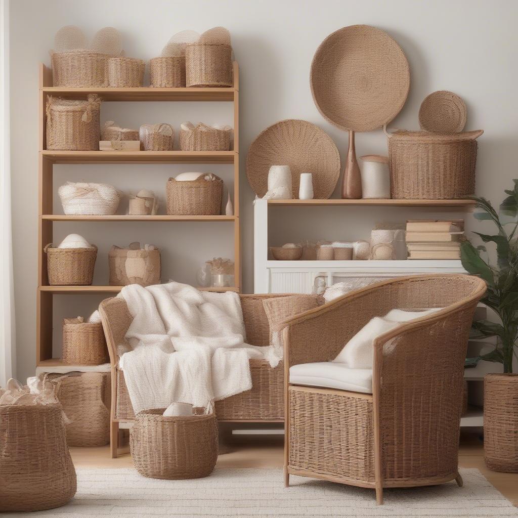 Wicker basket shelves in a living room setting, showcasing various storage solutions and adding a touch of rustic charm.