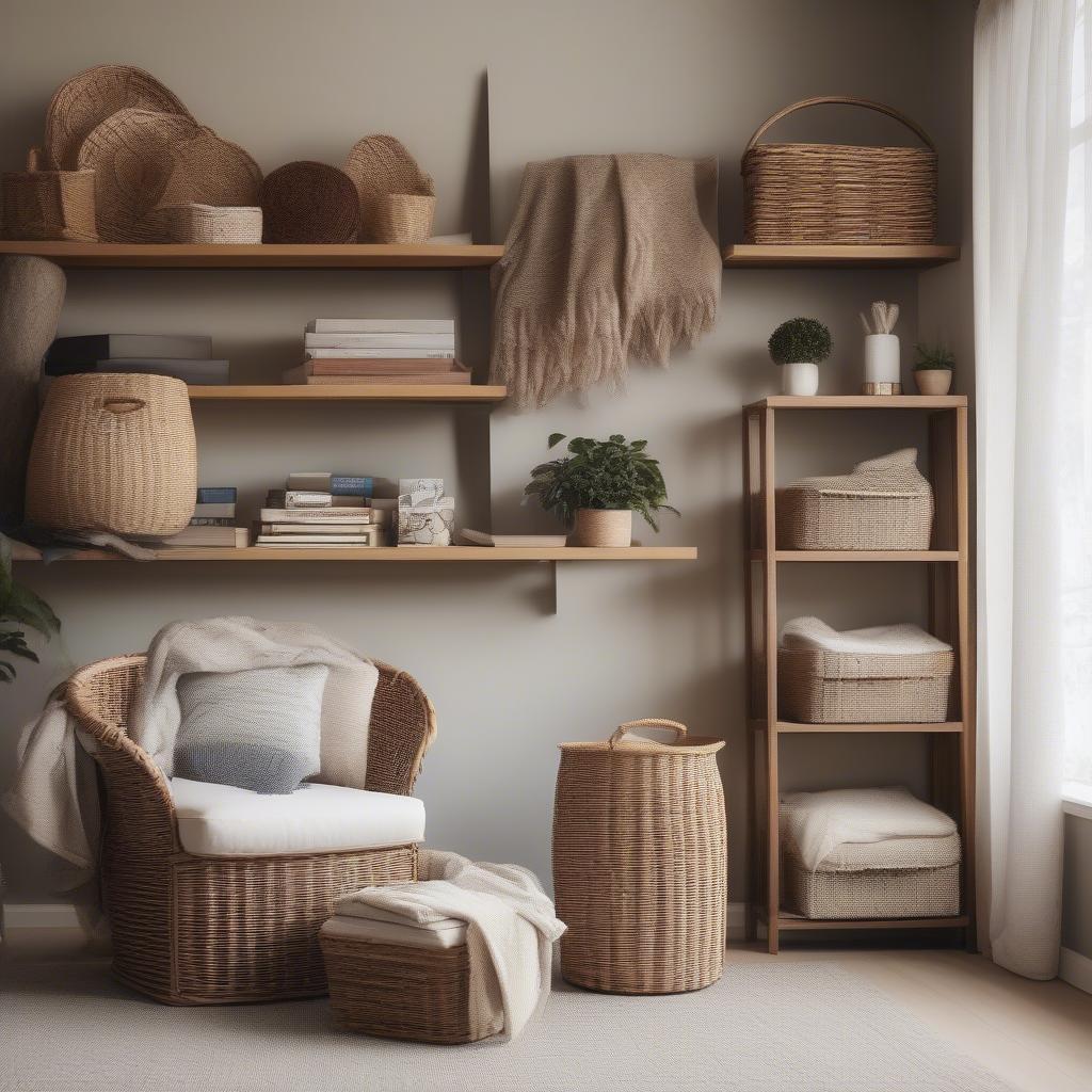 Wicker basket shelves providing stylish storage solutions in a living room setting.