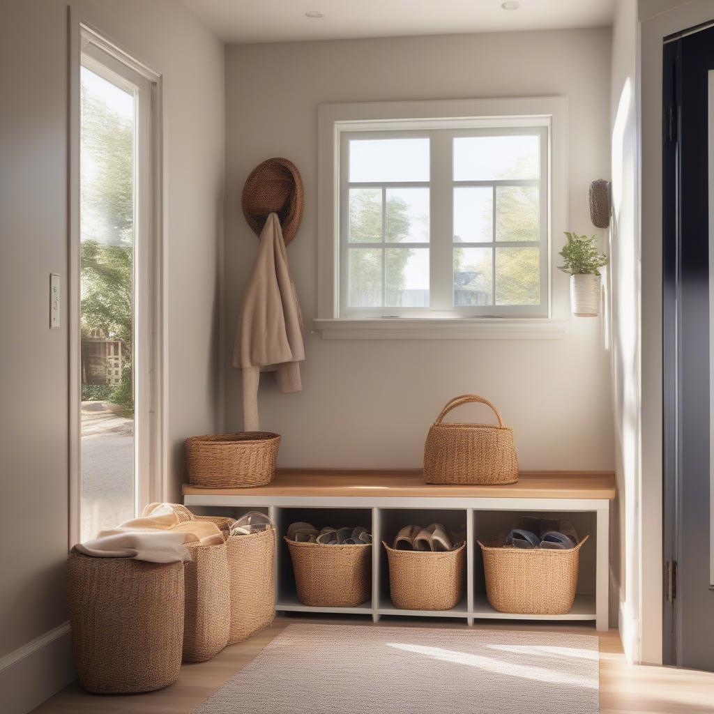 Wicker basket shoe storage in a modern entryway