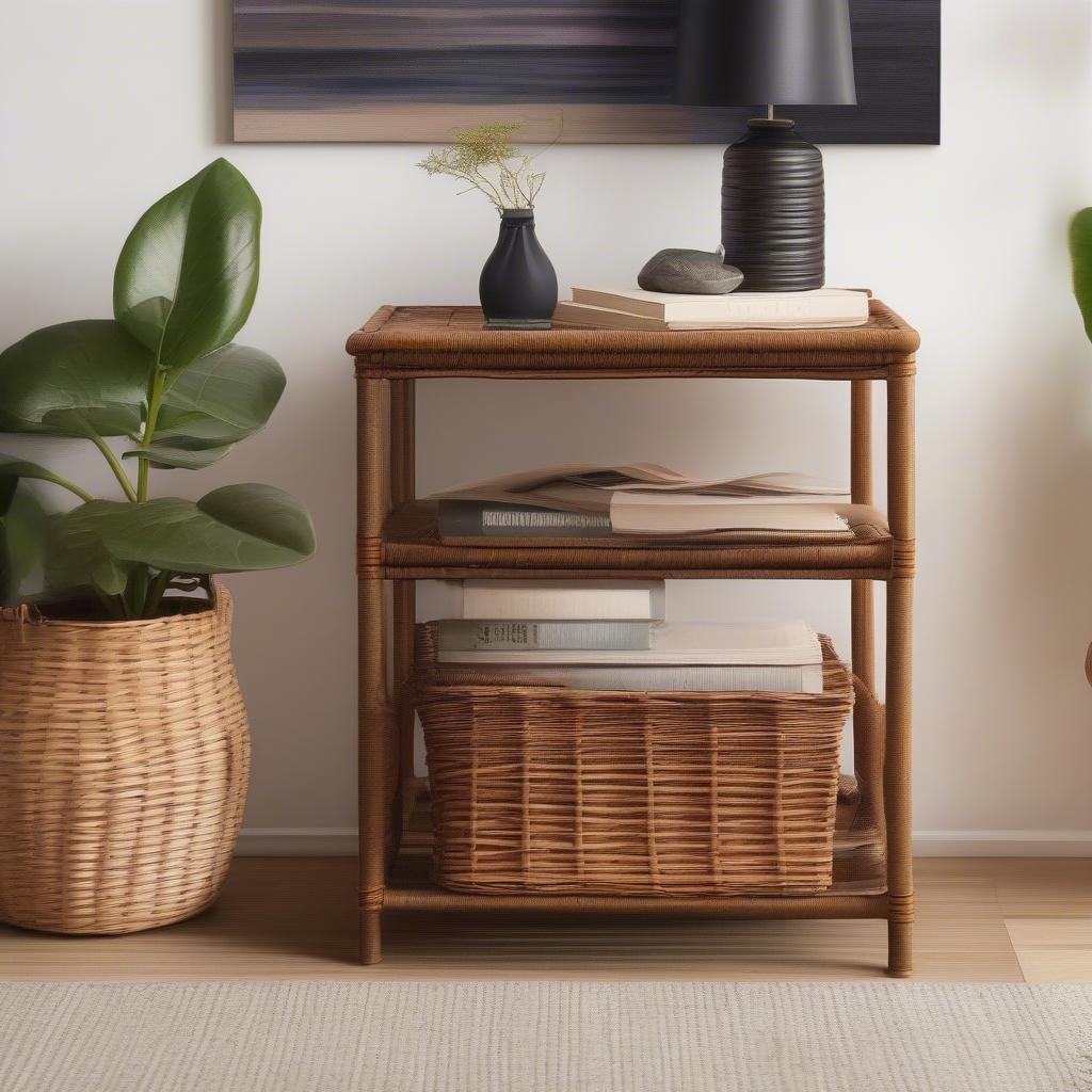 Wicker Basket Side Table in a Living Room Setting