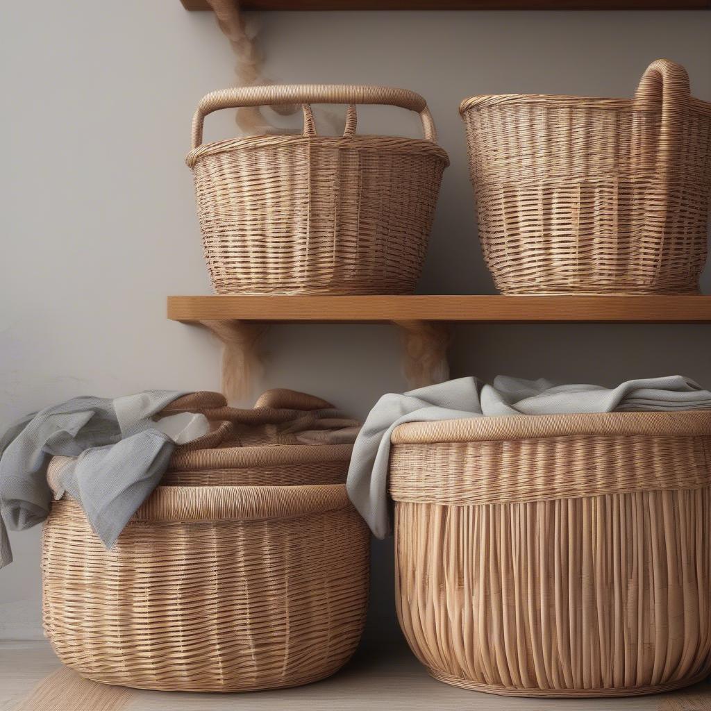 Different sizes of wicker storage baskets