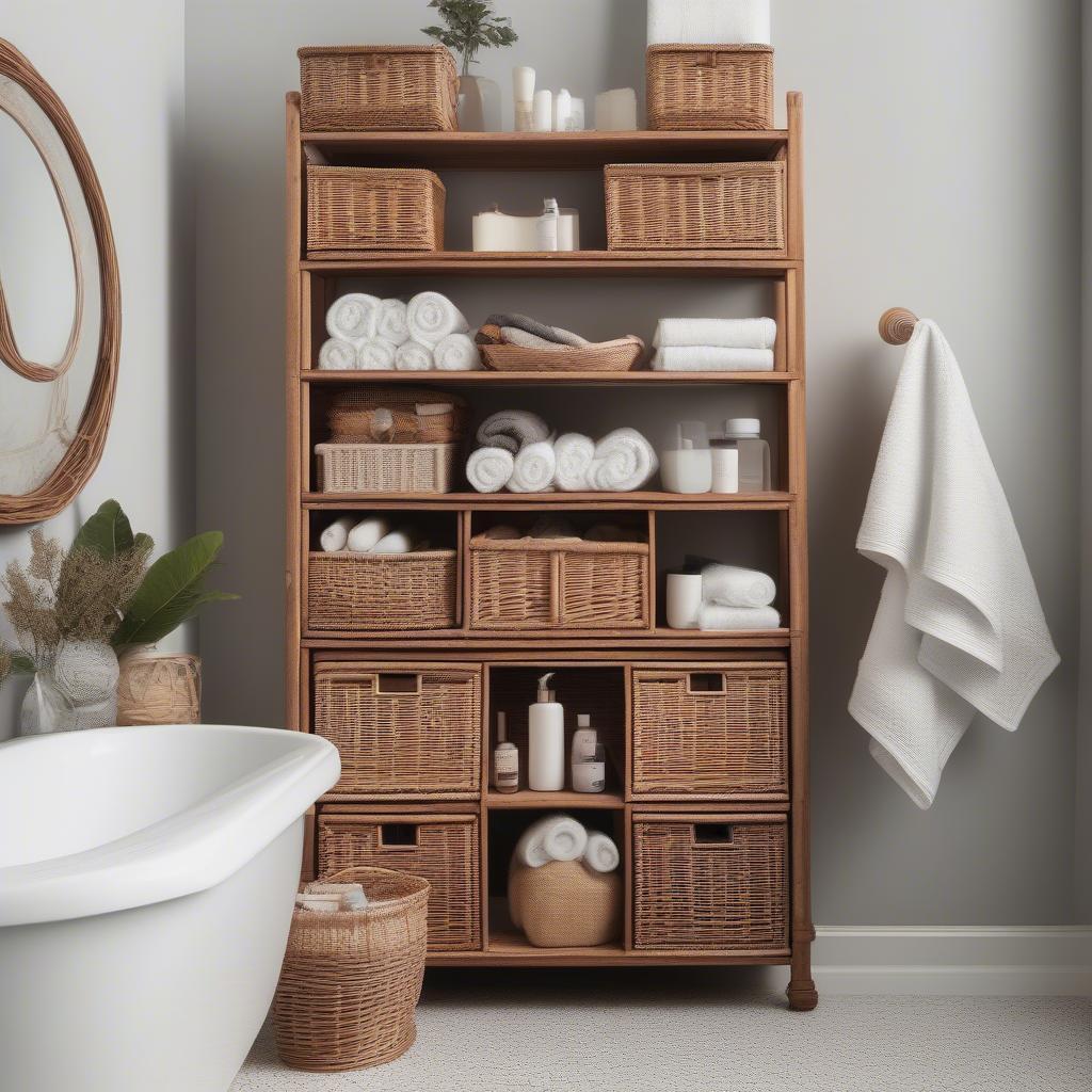 Wicker basket storage in a bathroom, showcasing organization and style.