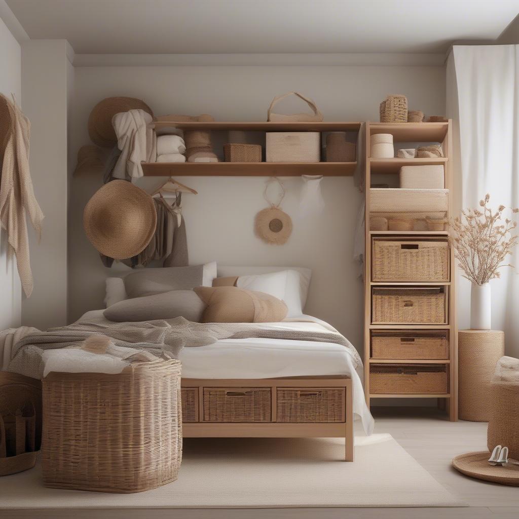 Wicker baskets in a wooden storage unit in a bedroom setting.