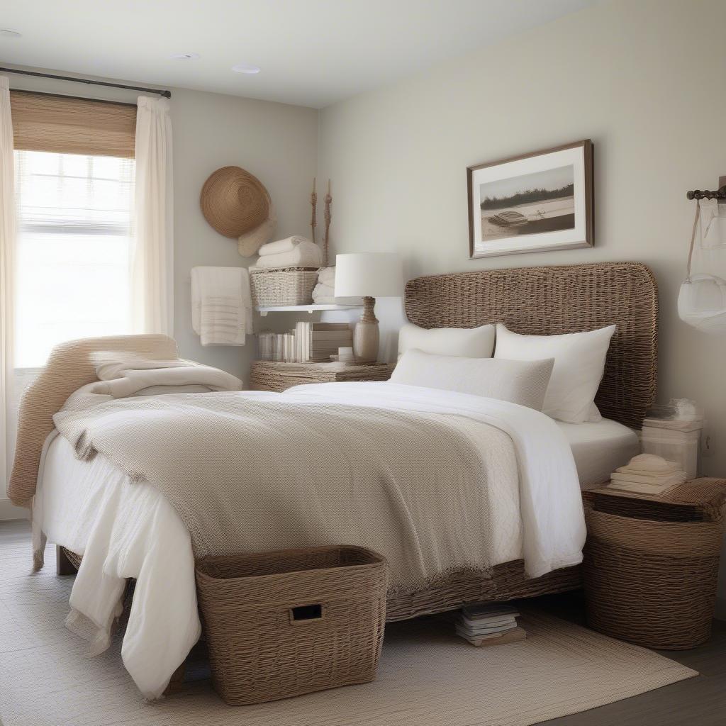 Wicker baskets used for stylish storage and organization in a bedroom.