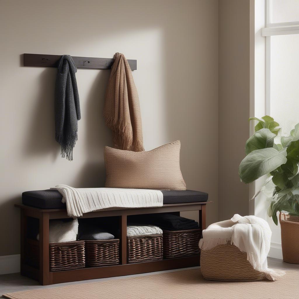 Wicker basket storage bench with dark wood finish in a living room setting