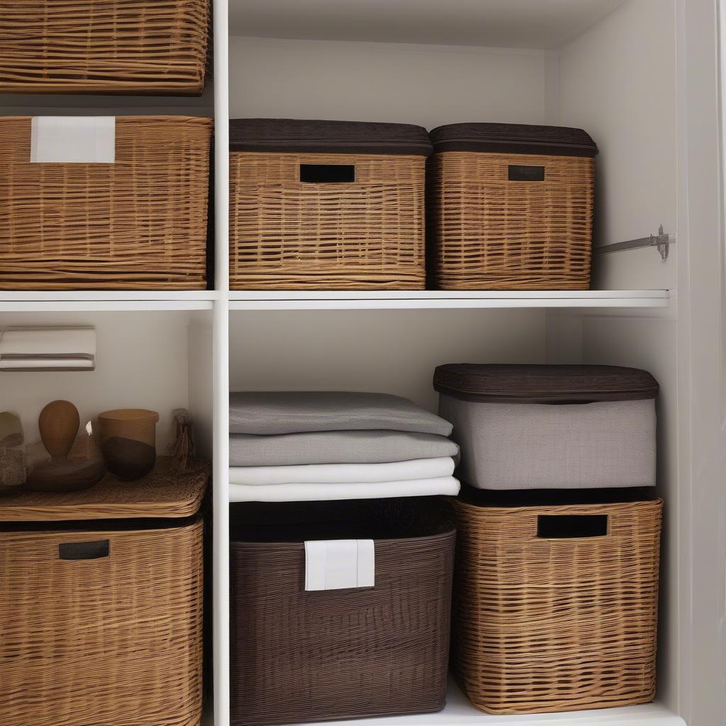 Wicker basket storage bins with lids in various sizes.