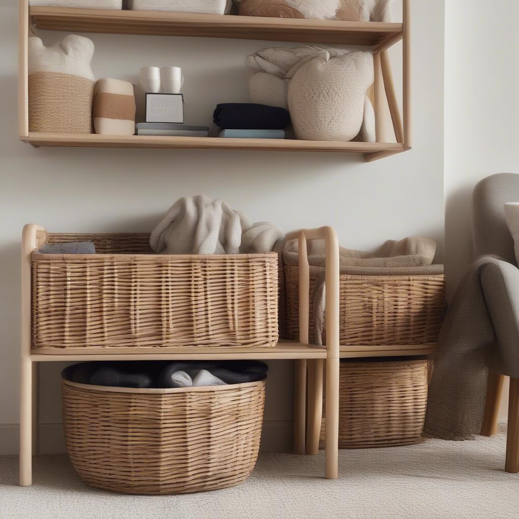 Wicker baskets used to organize various items in a living room setting.