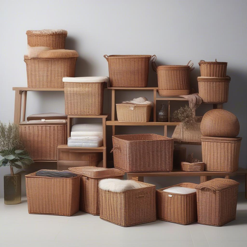 Various styles of wicker basket storage bins for different home organization needs.