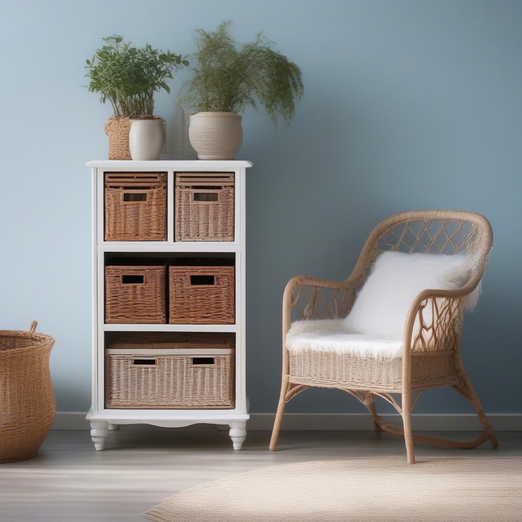 Wicker basket storage cabinet in a living room setting