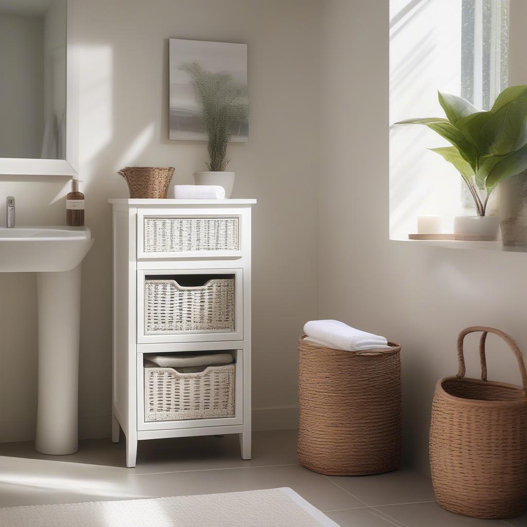 Wicker basket storage chest in a modern bathroom setting, showcasing its organization and aesthetic appeal.