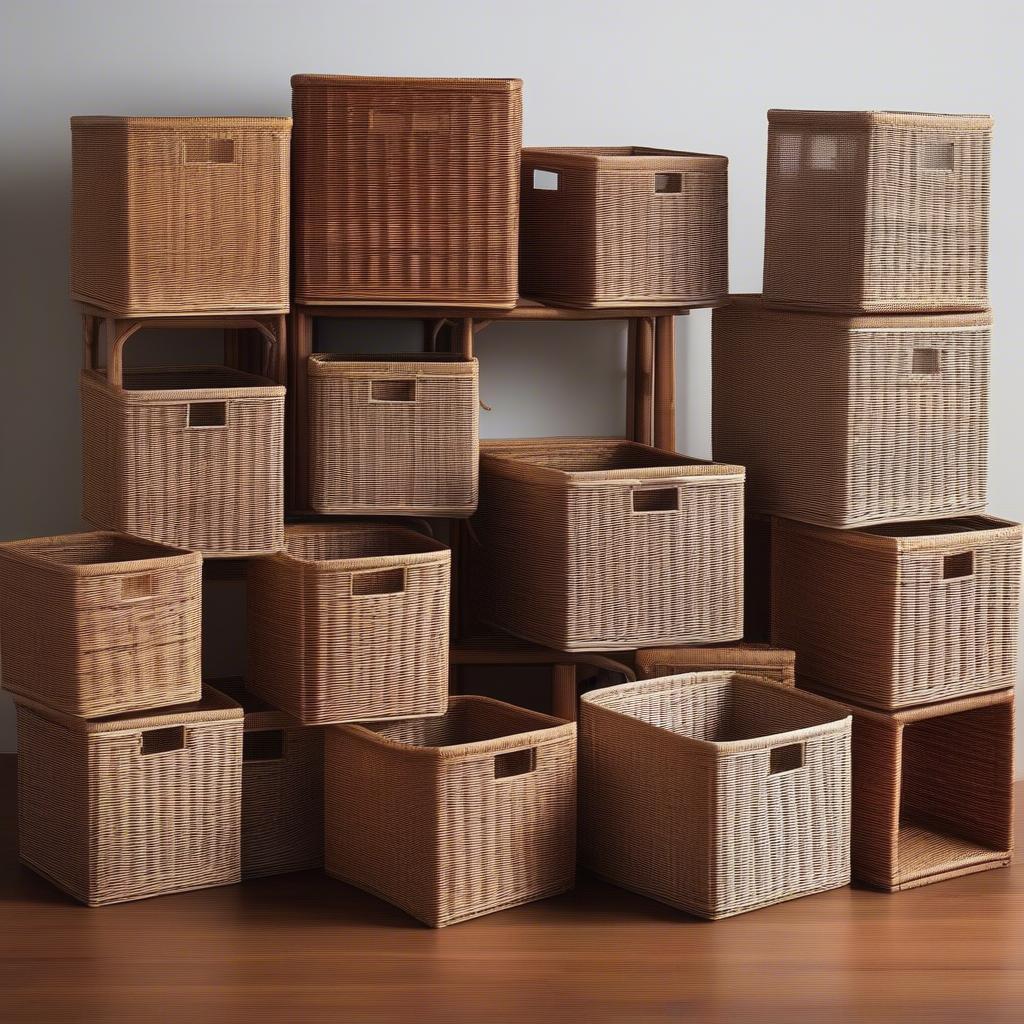 Various wicker basket storage cubes showcasing different sizes, shapes, and weaving patterns.