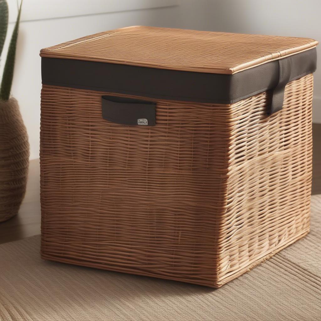 A wicker basket storage cube with a lid, showcasing its ability to conceal stored items and maintain a tidy appearance.