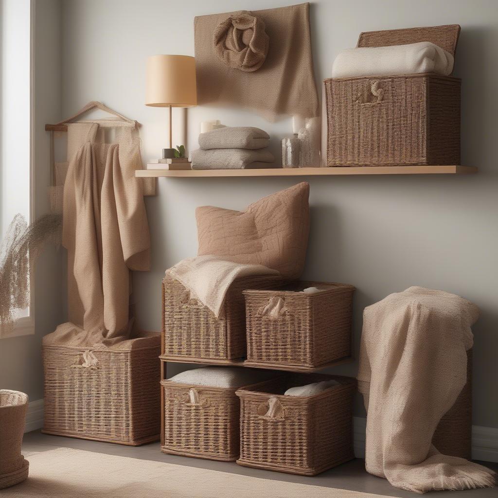 Wicker basket storage cubes in a living room setting