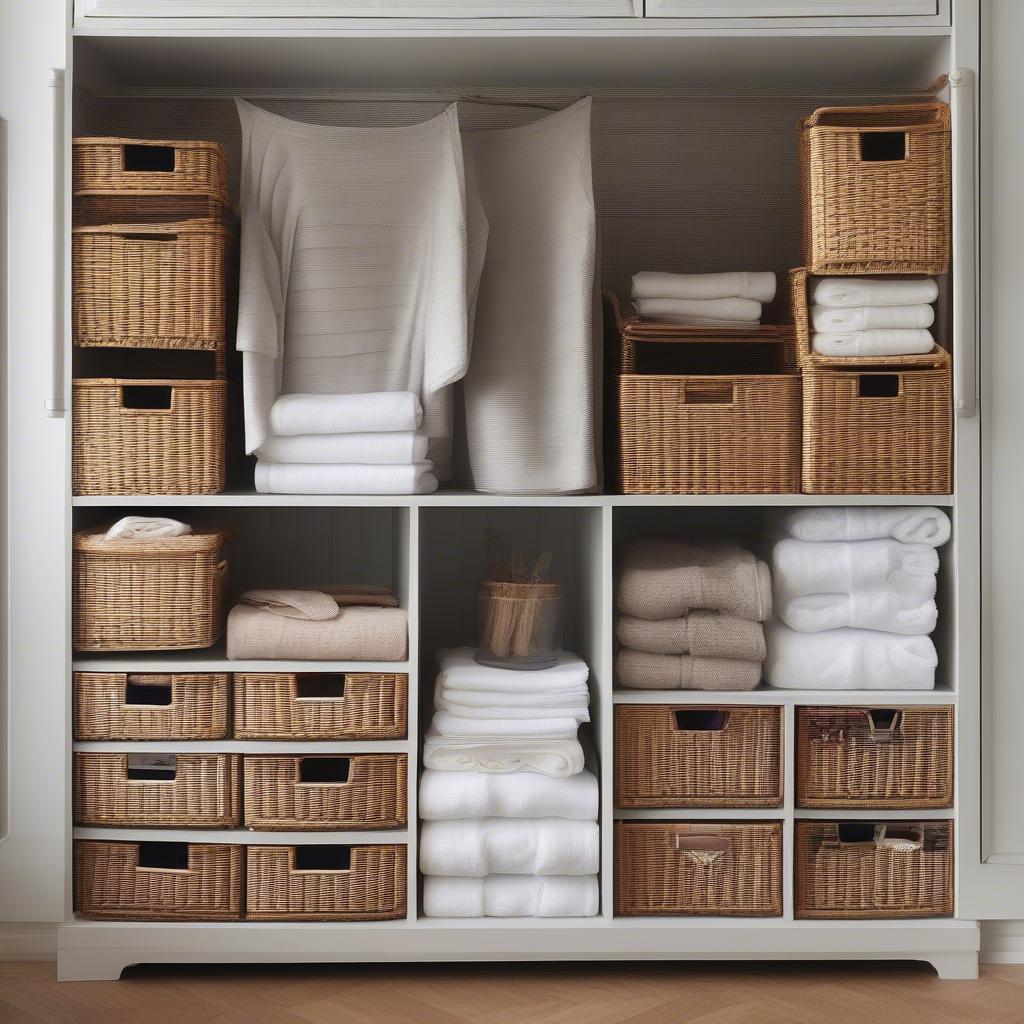 Wicker basket storage drawers used in various rooms like bedroom, bathroom, and living room