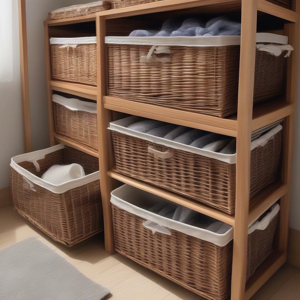 Wicker basket storage drawers in various sizes and shapes