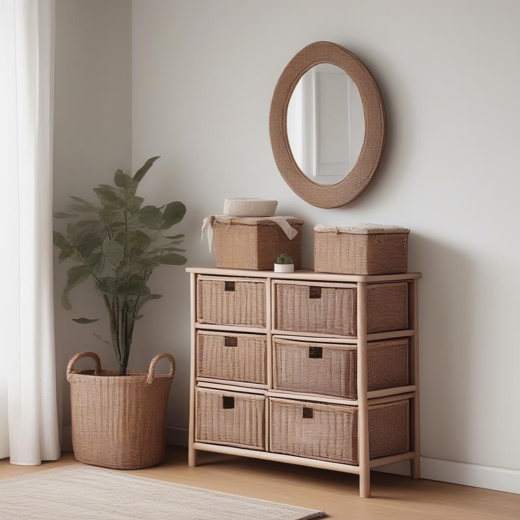 Wicker basket storage dresser in a bedroom, displaying its versatility and organizational capabilities.