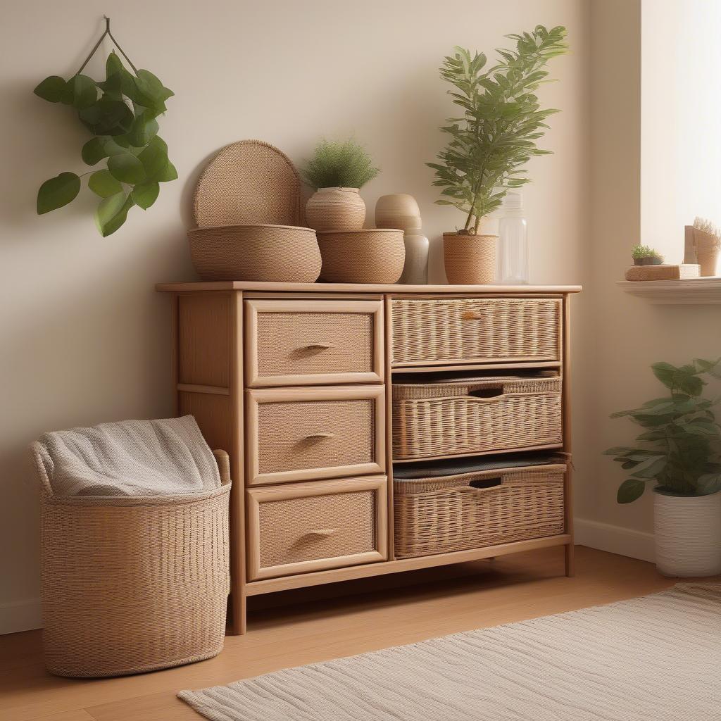 Wicker basket storage dresser in a living room setting, showcasing its stylish design and practical storage solution.