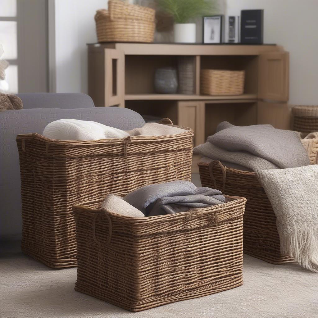 Wicker storage baskets with handles in a living room setting, used to organize blankets and pillows.